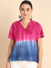 Half Sleeves Tie Dyed Invert Collar Rayon Top (W1471)