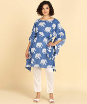 Jaipurhues Pure Cotton Blue Printed Kaftan Tunic With Hand Kantha Work (W1395)