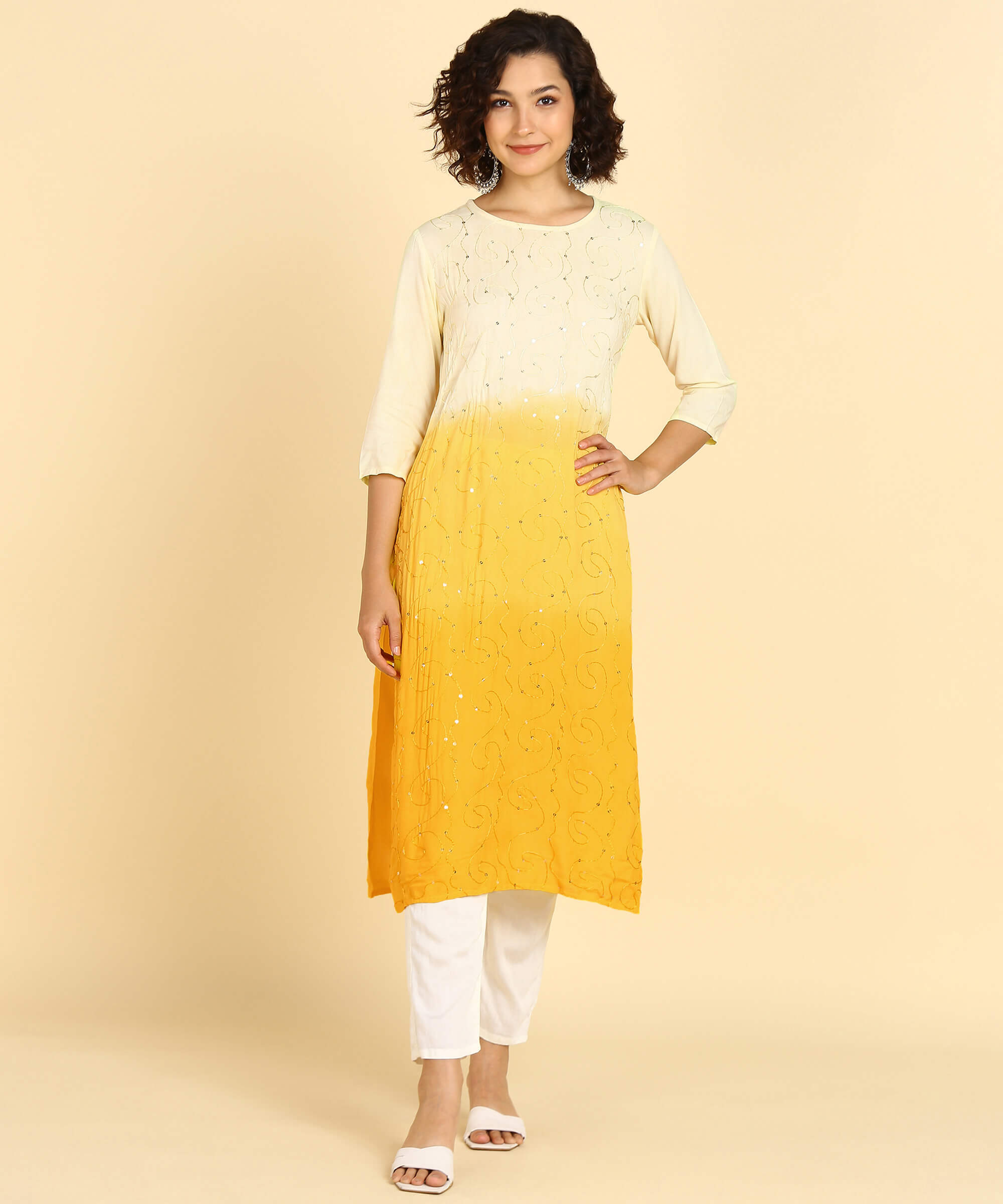 Rayon Ombre Yellow Tie Dye Straight Kurta With Adda Work (W1375)