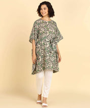 Pure Cotton Grey Printed Kaftan Tunic With Hand Kantha Work (W1396)