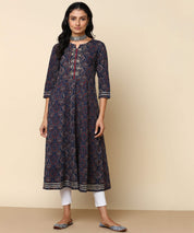 Pure Cotton Printed & Embroided Blue Anarkali Kurta (W1180)