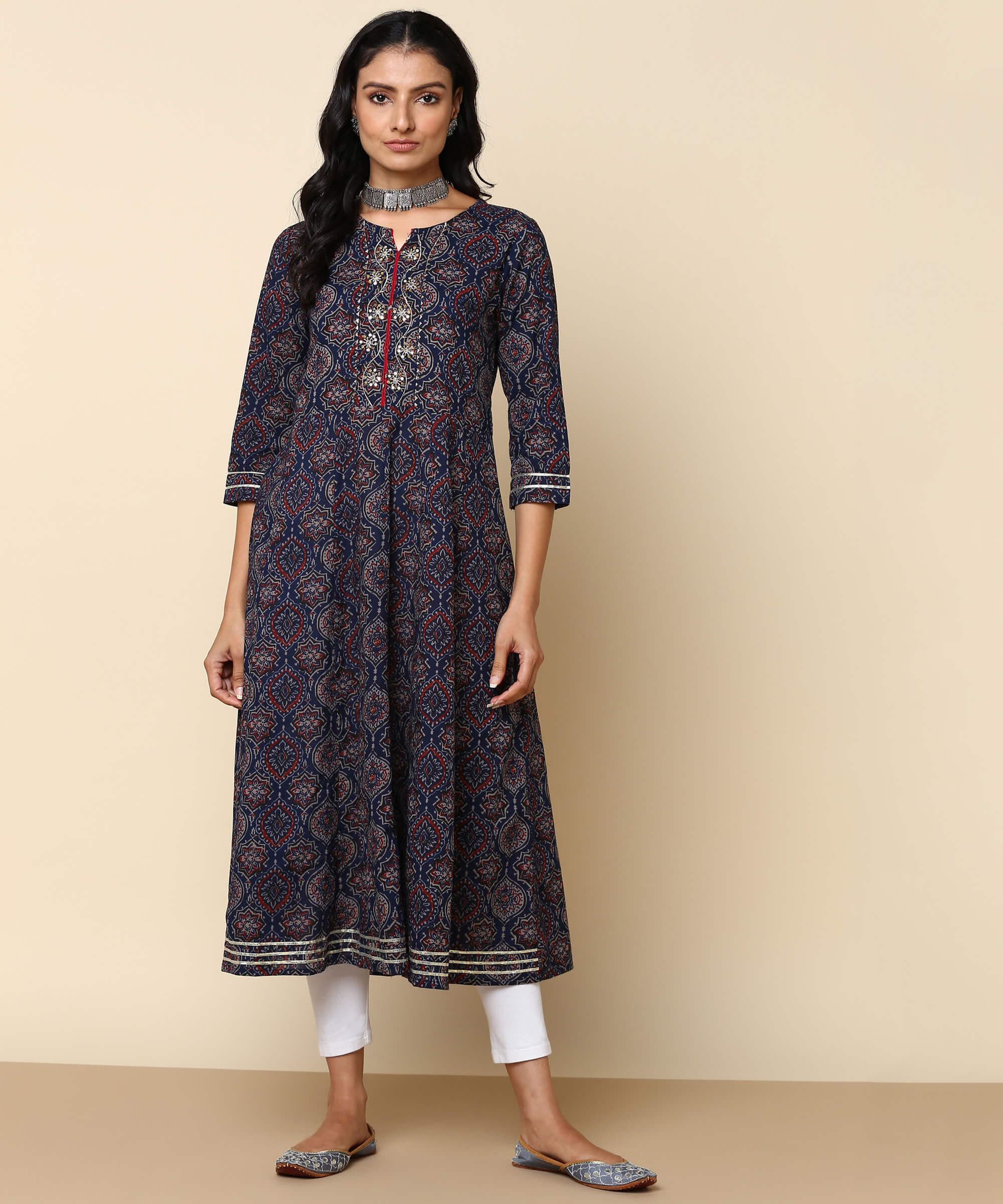 Pure Cotton Printed & Embroided Blue Anarkali Kurta (W1180)