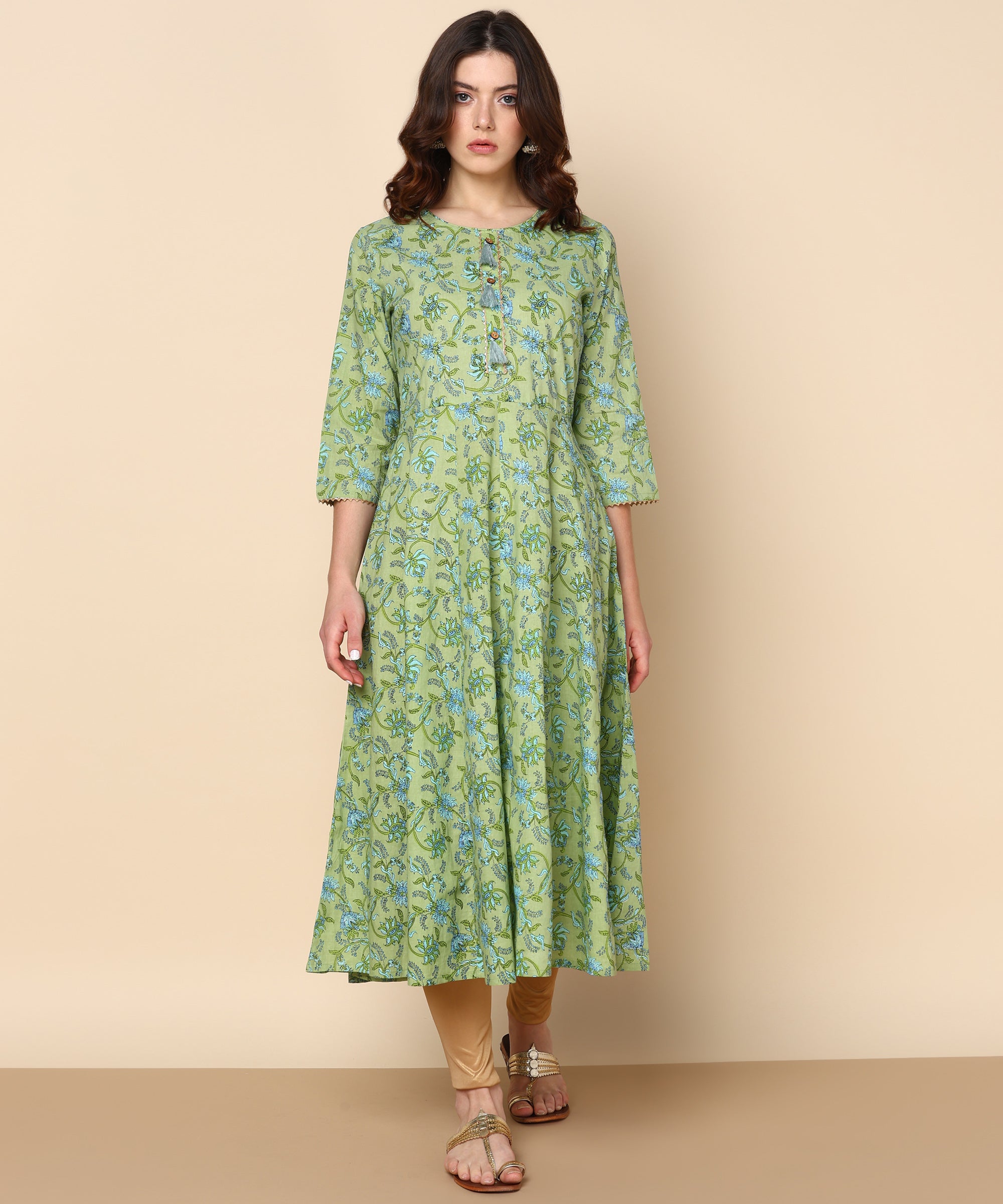 Pure Cotton Ethnic Printed Green Gotta Patti Anarkali Kurta (W1263)