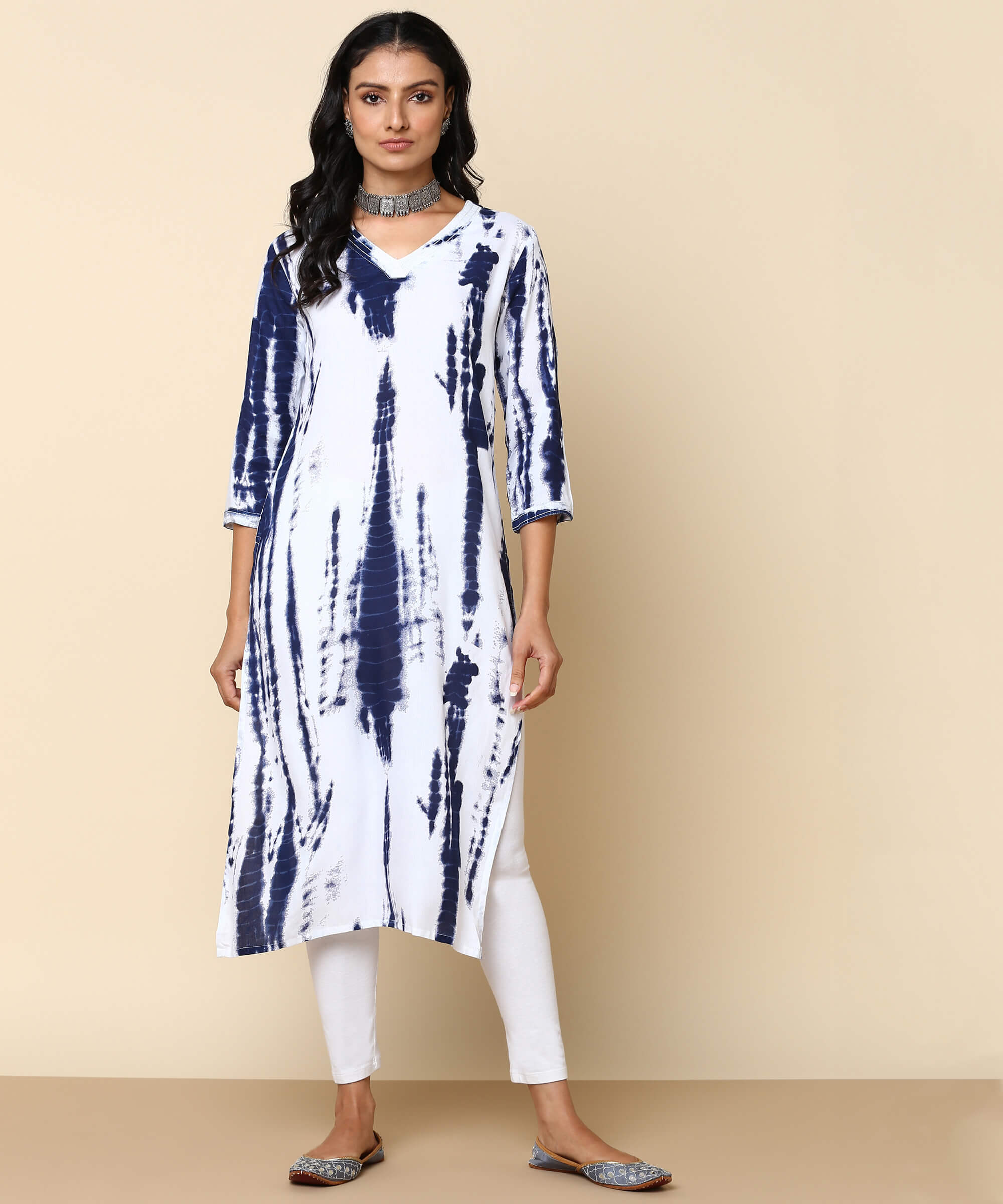 Rayon Tie Dye White Straight Kurta (W1308)