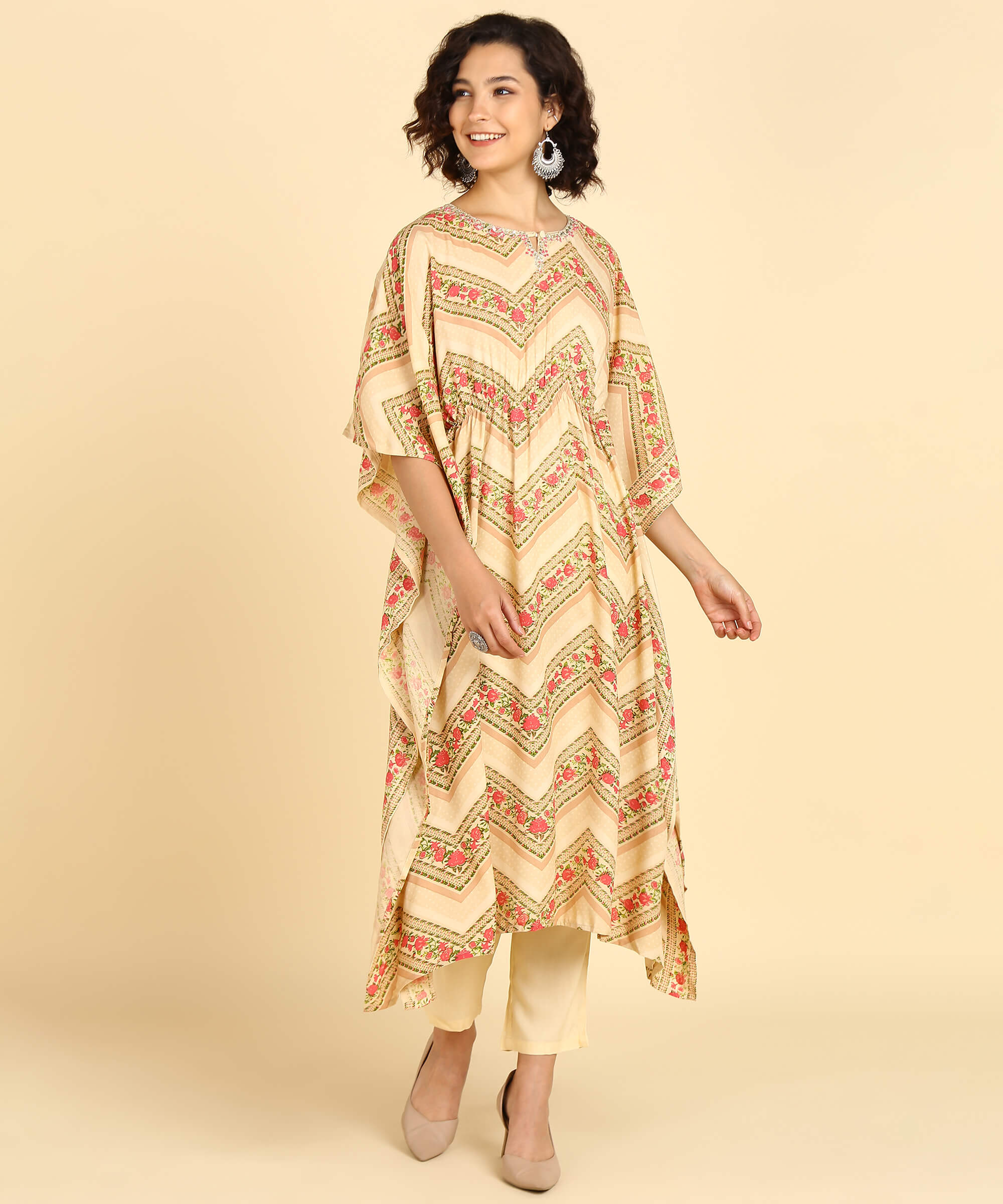 Rayon Brown Floral Print Kaftan Set with Adda Gotta Patti Work (W1393)