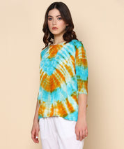 Teal and Mustard Circular Tie Dye Rayon Crepe Top (W1421)