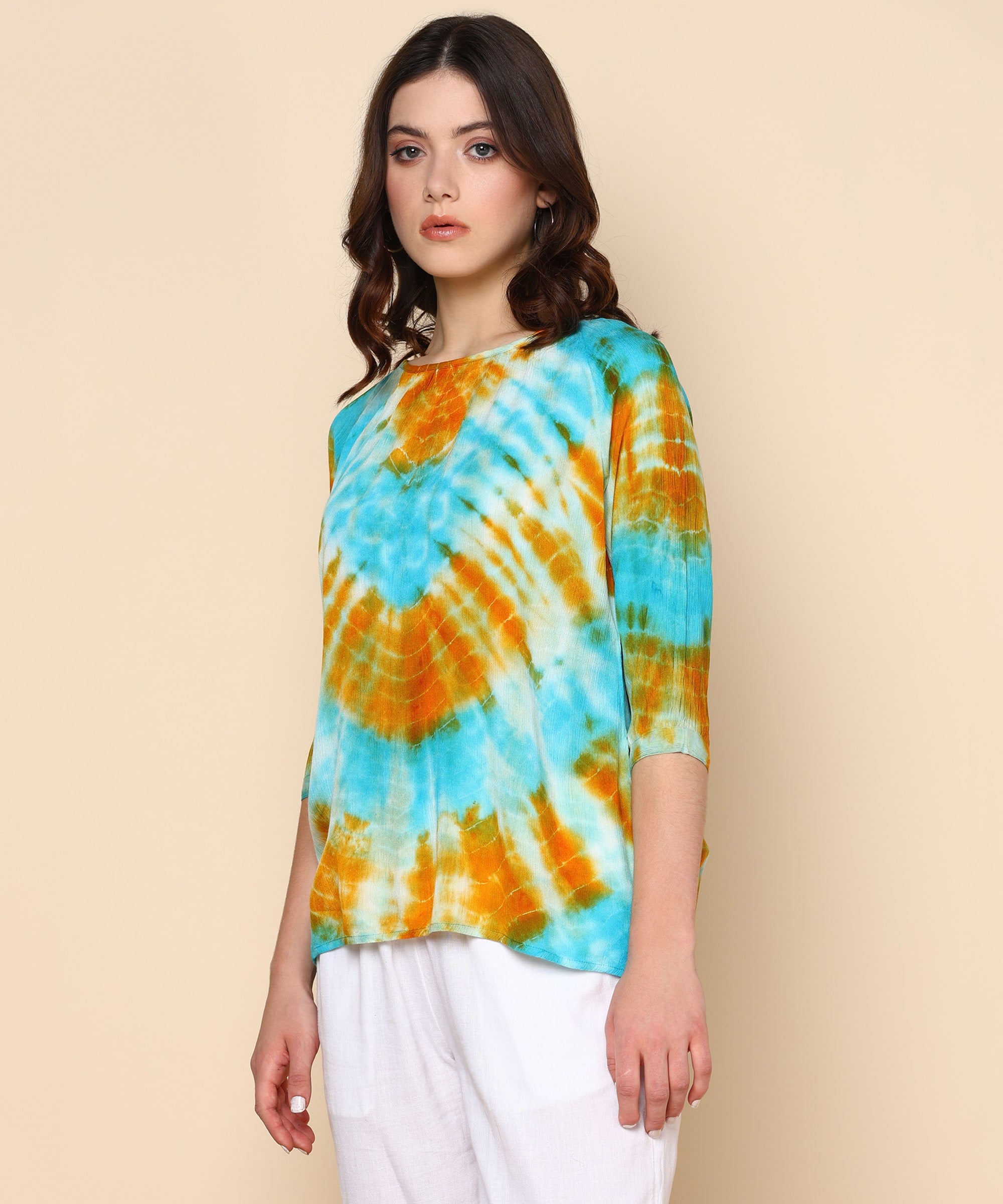 Teal and Mustard Circular Tie Dye Rayon Crepe Top (W1421)