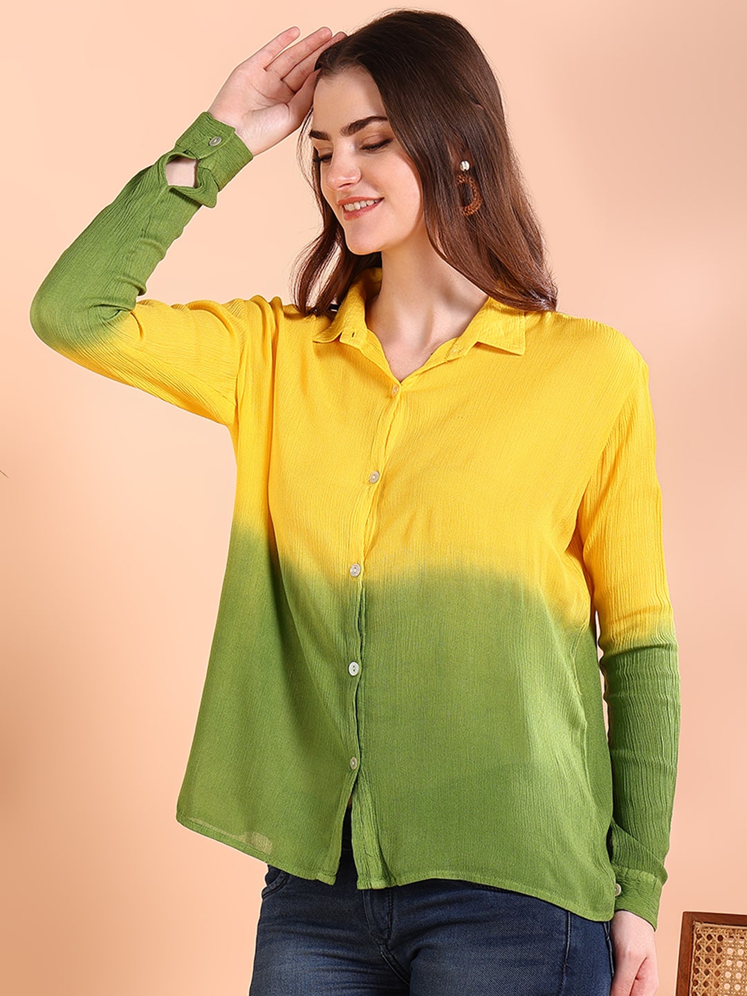 Yellow Tie-Dye Crepe Loose fit Shirt (W1558)