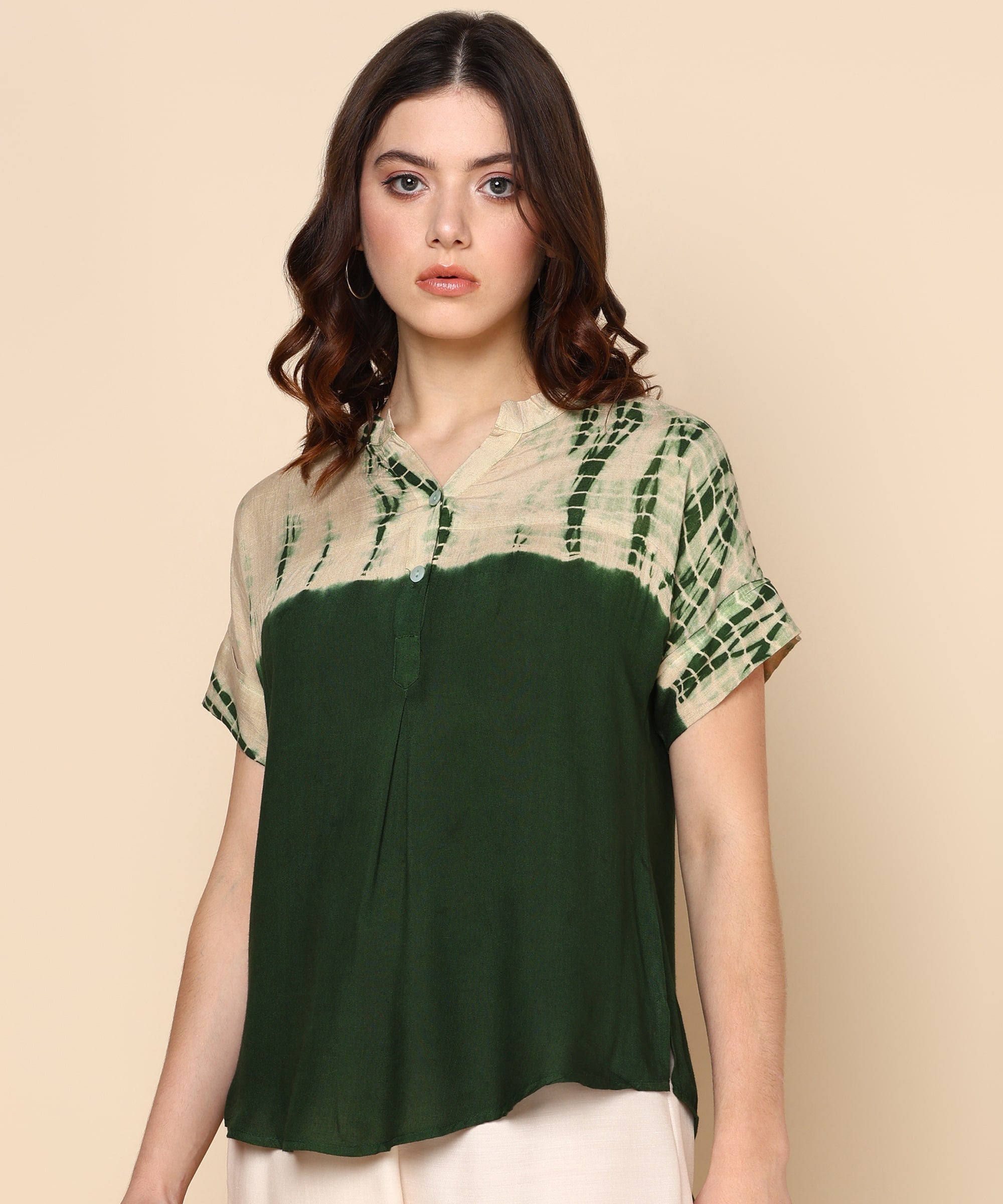 Ombre Dyed Olive Green Rayon Regular Top (W1415)