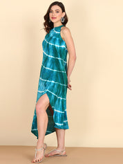 Rayon Tie Dye Green halter Front Slit High Low Dress (W1244)