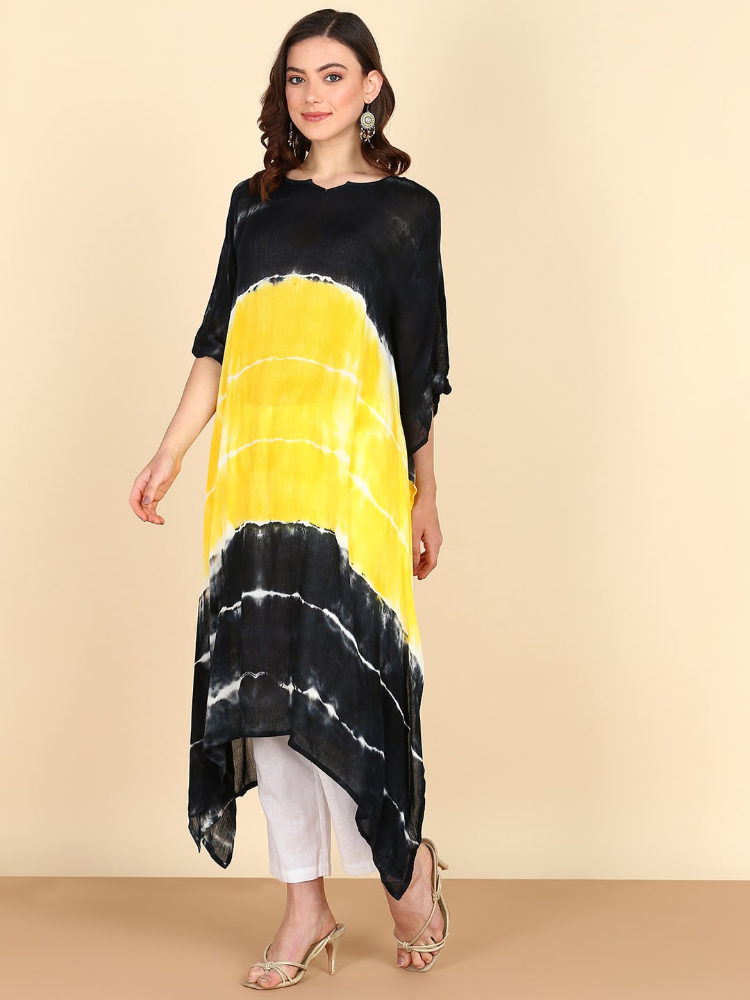 Rayon Crepe Tie Dye yellow & Green Hand Kaftan Kurta (W1210)