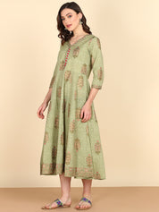 Pure Cotton Stylish Olive A-line Dress (W1070)