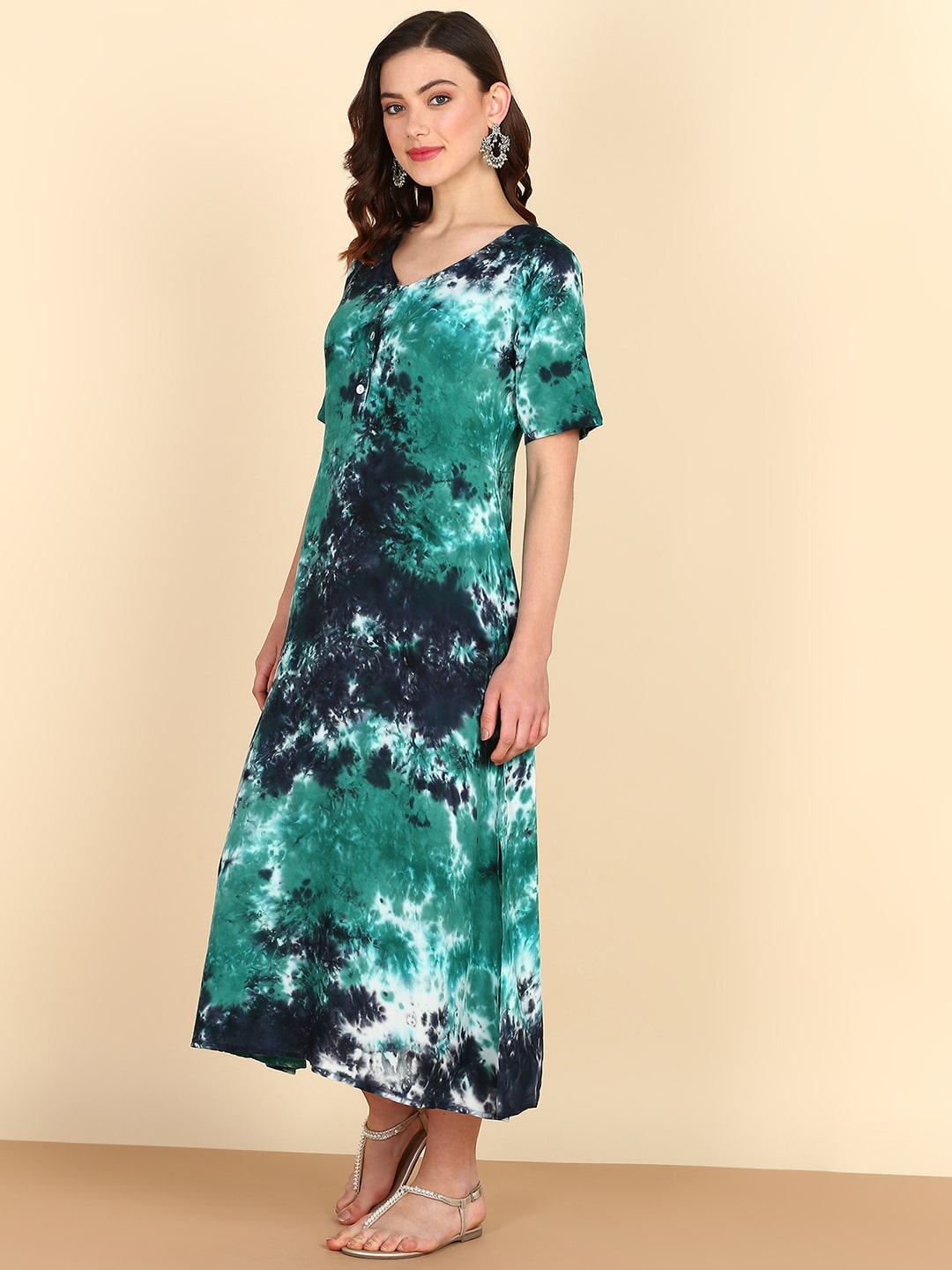 Rayon Tie Dye Sea Green A-Line Midi Dress (W1257)