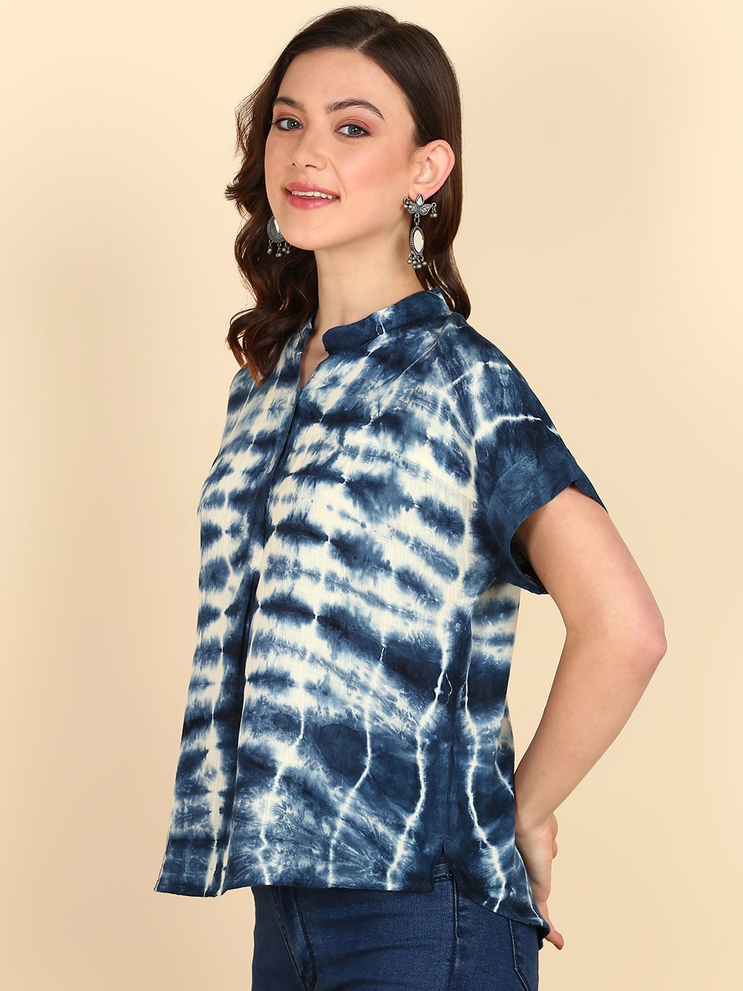 Rayon Tie Dye Blue Mandarin Collar Top (W1339)