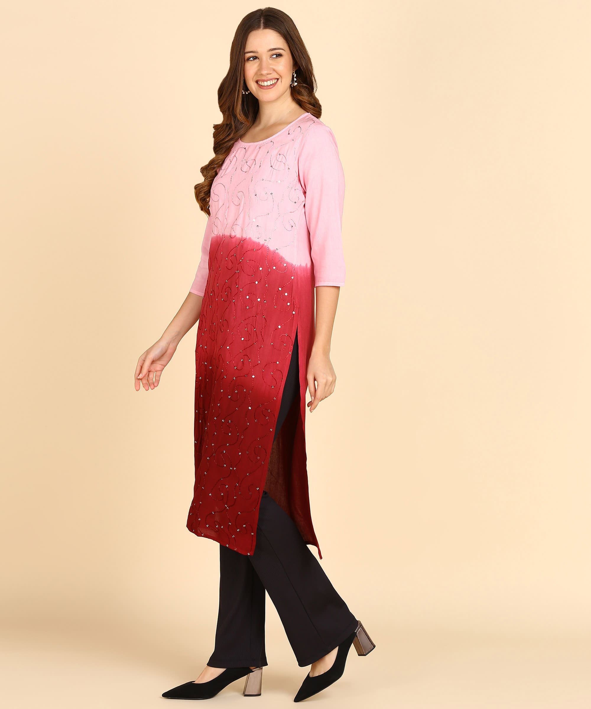 Ombre Maroon Rayon Tie-Dye Straight Kurta With Adda Work (W1365)