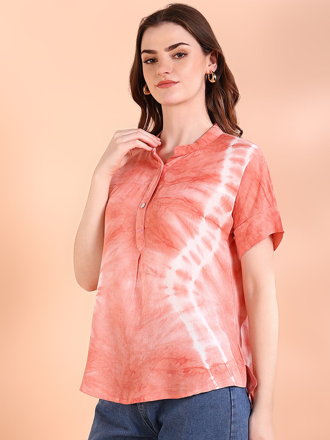 Vibrant Peach Tie-Dye Everywhere Top In Soft Rayon (W1546)