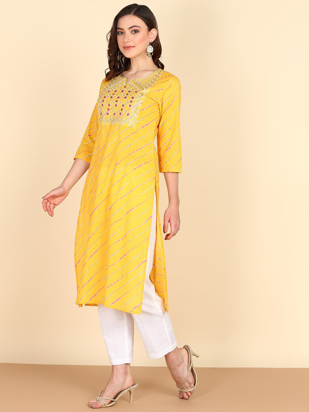 Yellow Pure Cotton Bandhej Print Kurti With Sequins Embroidery Work (W1363)