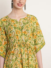 Green & Yellow Tie Dye Cotton Floral Print Kaftan Kurta (W1388)