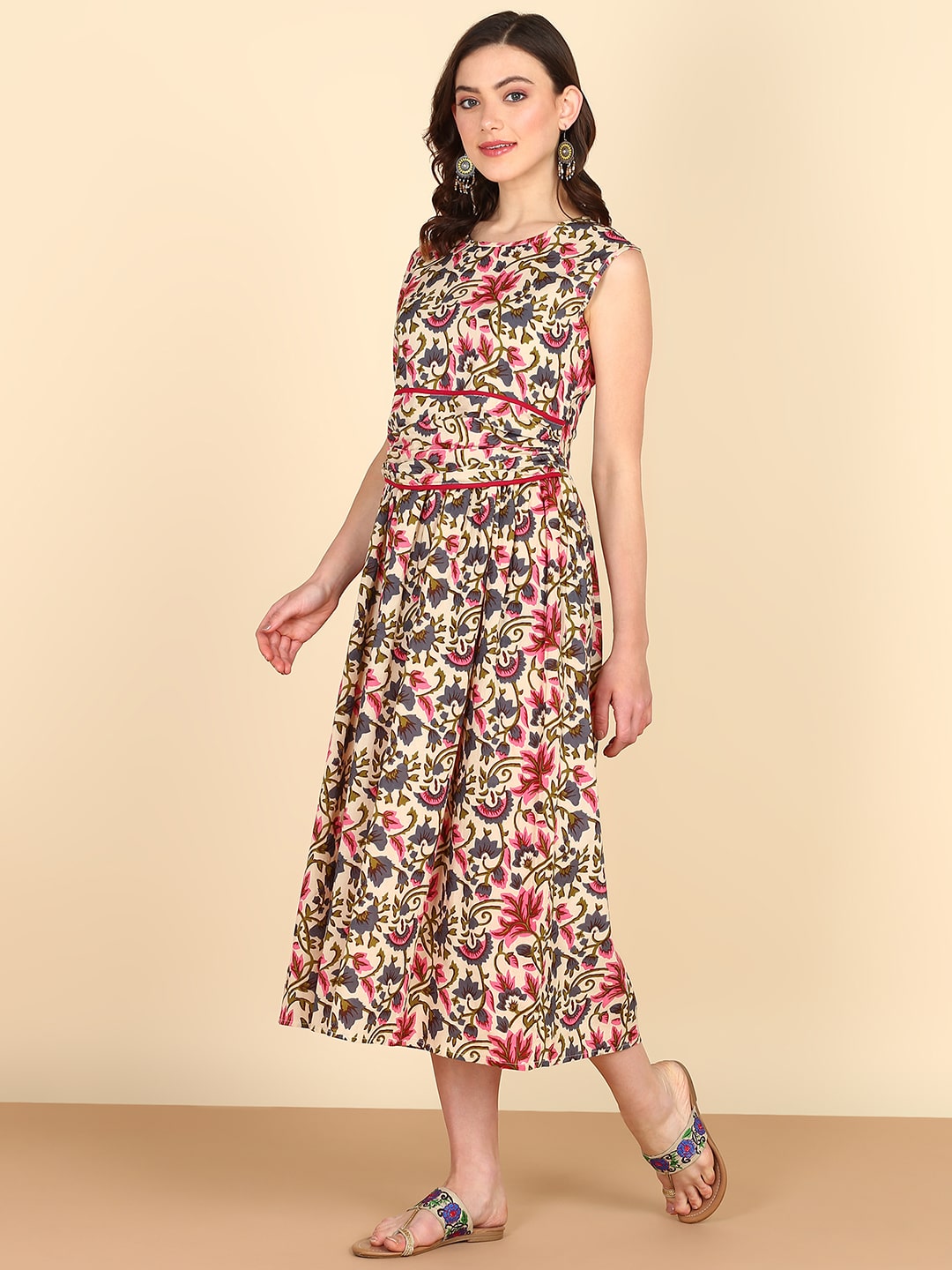 Pure Cotton Floral Printed Beige A-line Midi Dress (W1226)