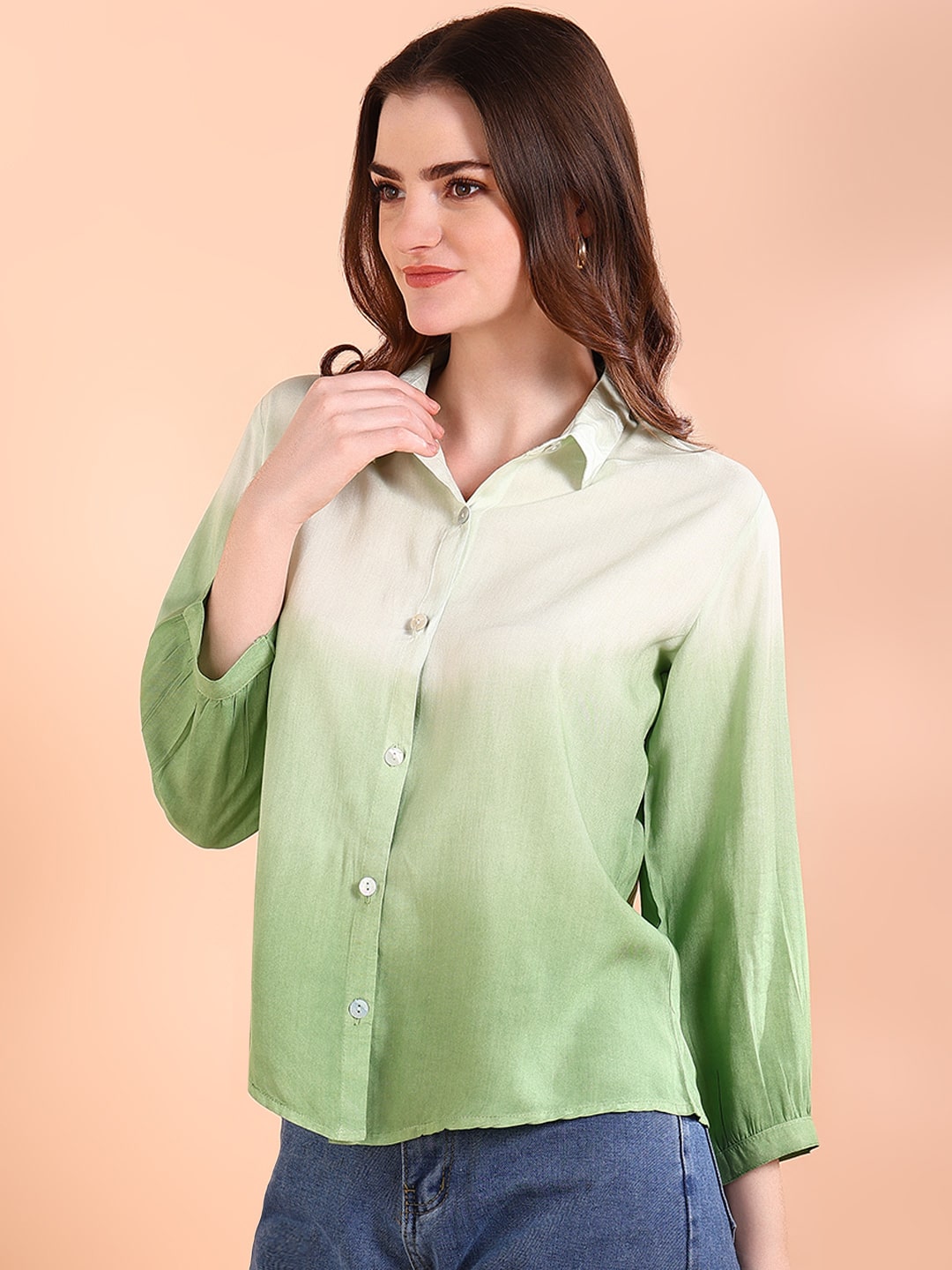 Green Tie-Dye Crepe Loose Fit Shirt (W1568)