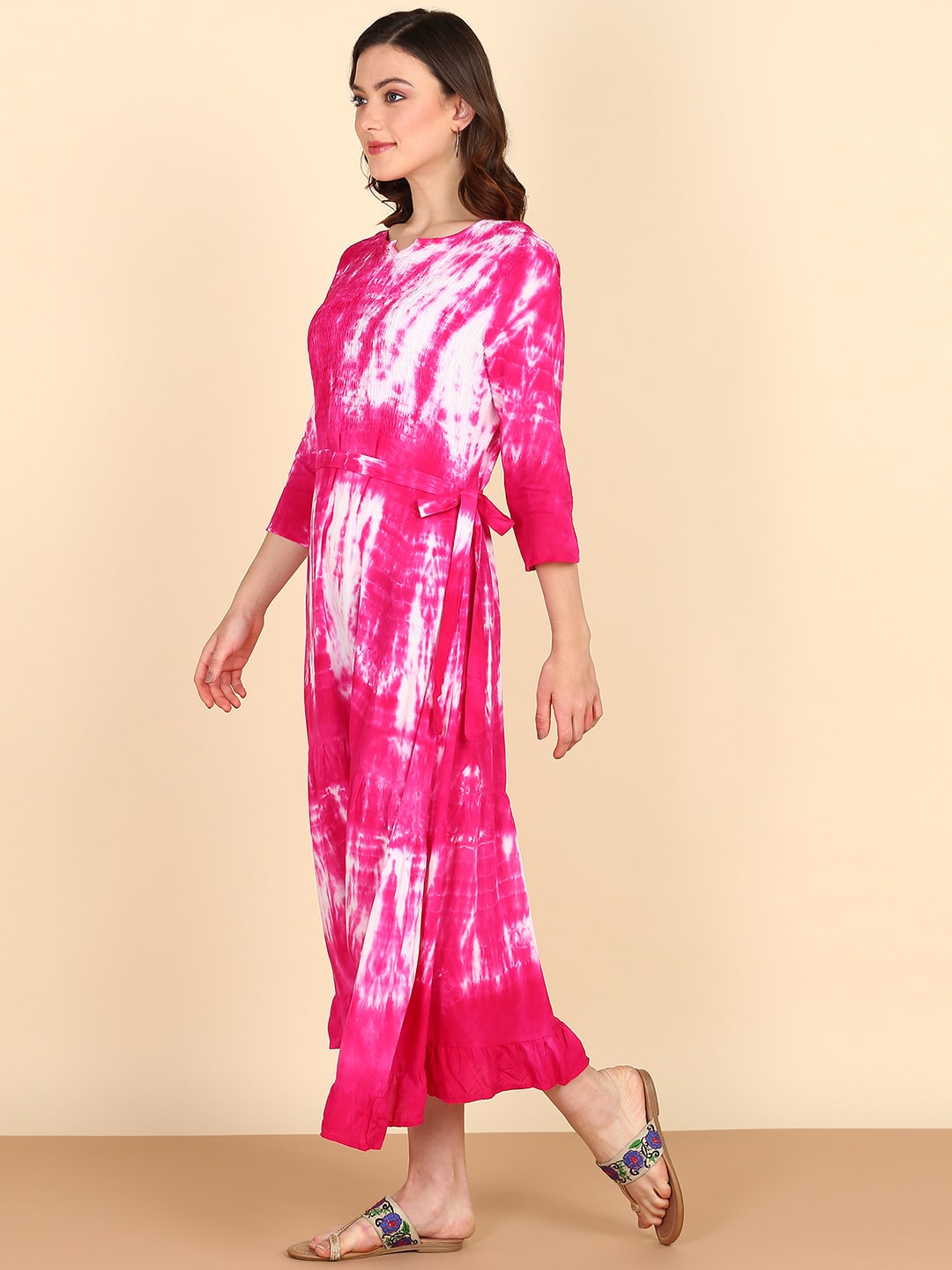 Rayon Abstract Tie Dye A-Line Pink Midi Dress With Tie-Up Closure (W1241)