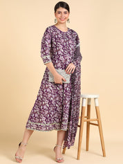 Purple Floral Print Cotton Anarkali Kurta with Dupatta (W1408)