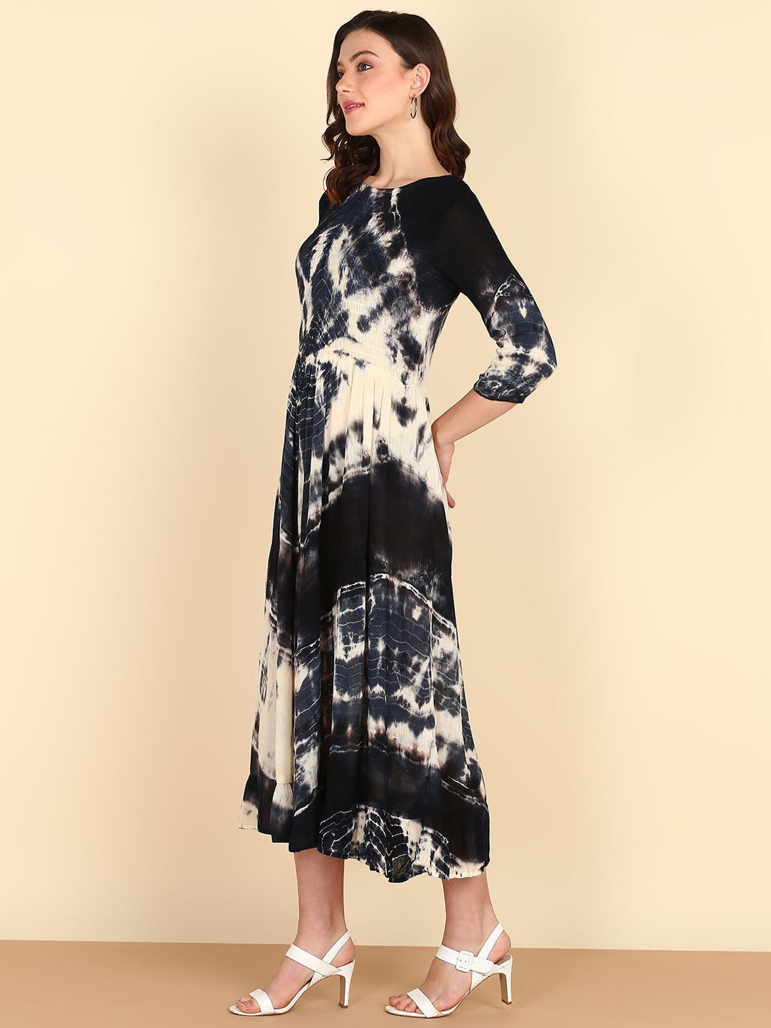 Rayon Tie and Dye A-Line Beige Midi Dress (W1214)