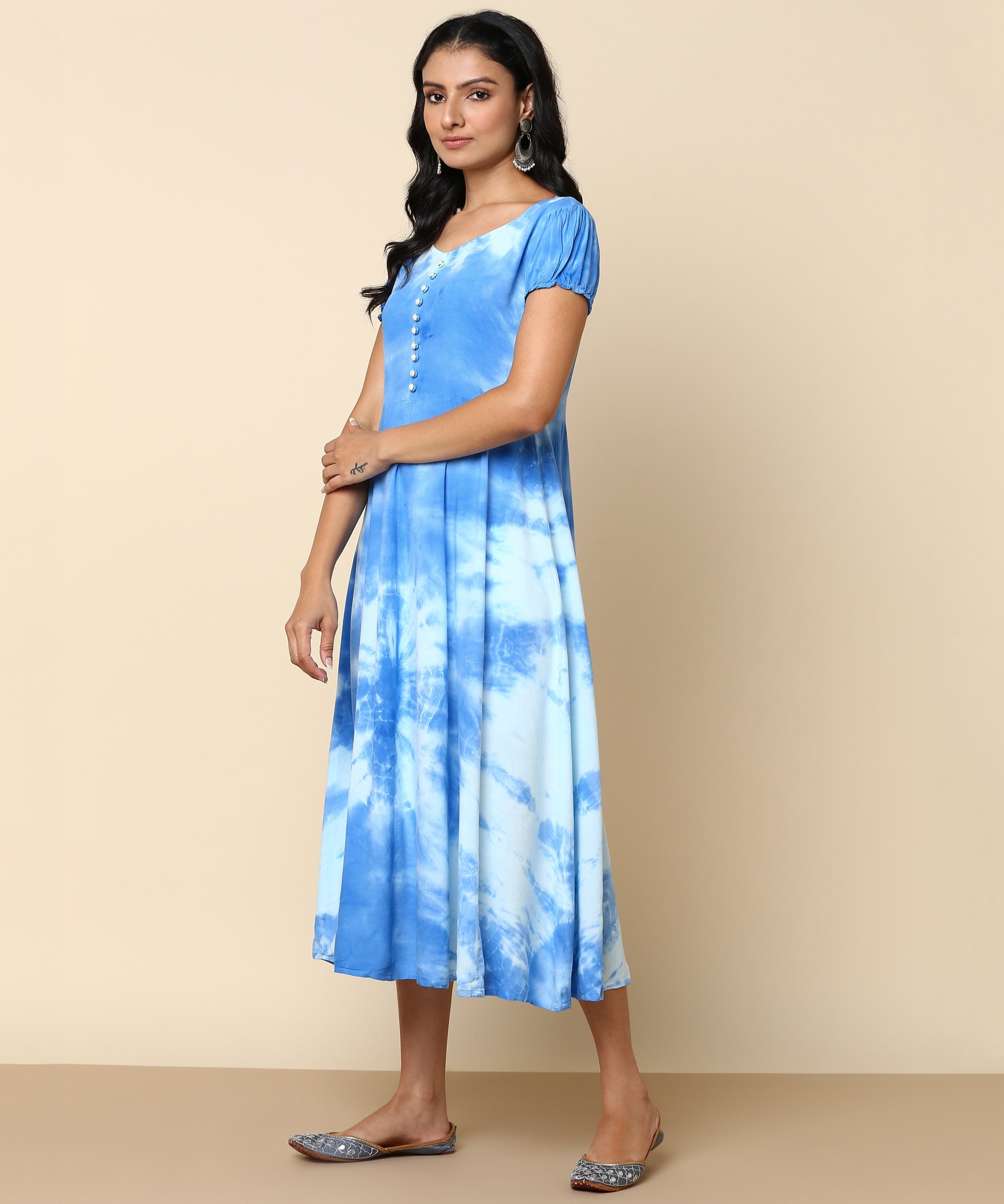 Rayon Tie and Dye Sky Blue A-Line Midi Dress –