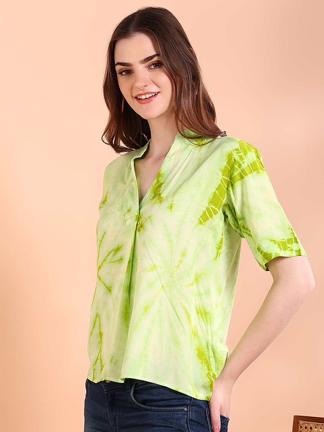 Vibrant Green Tie-Dye Everywhere Top In Soft Rayon (W1564)