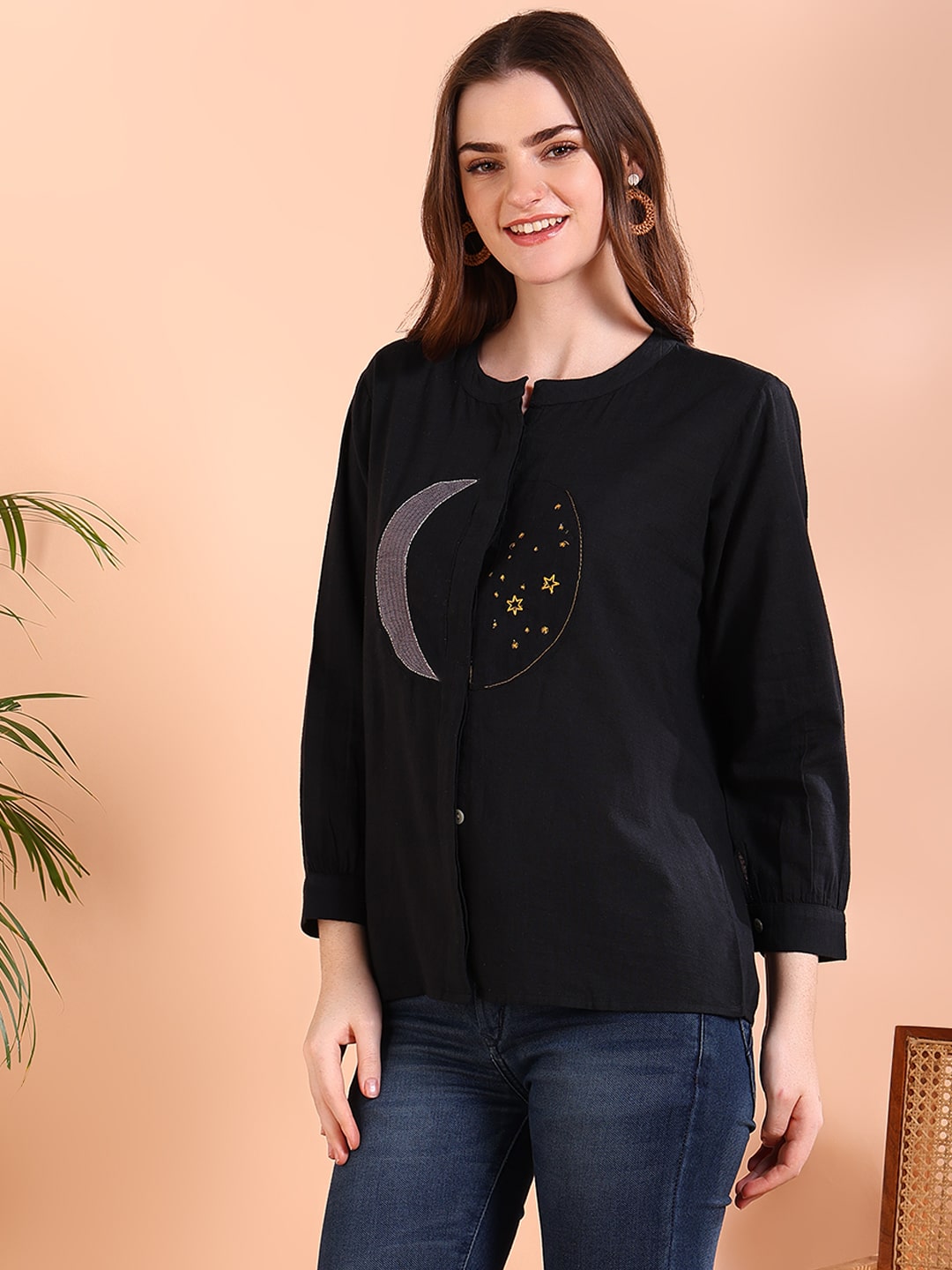 Black Tie-Dye Crepe Loose Fit Shirt (W1560)