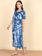 Rayon Tie Dye Blue A-Line Midi Dress (W1258)