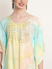 Pastel Yellow & Green Tie Dye Embroidery Work Rayon Staple Kaftan Kurta (W1385)