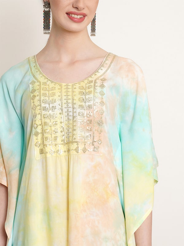 Pastel Yellow & Green Tie Dye Embroidery Work Rayon Staple Kaftan Kurta (W1385)