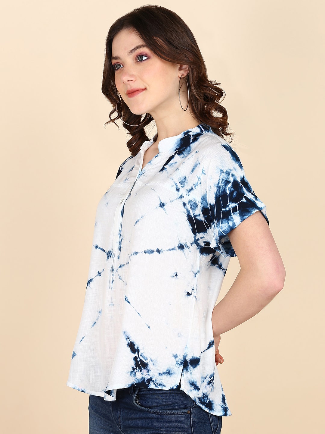 Half Sleeves Tie Dyed Fitted Rayon Top (W1487)