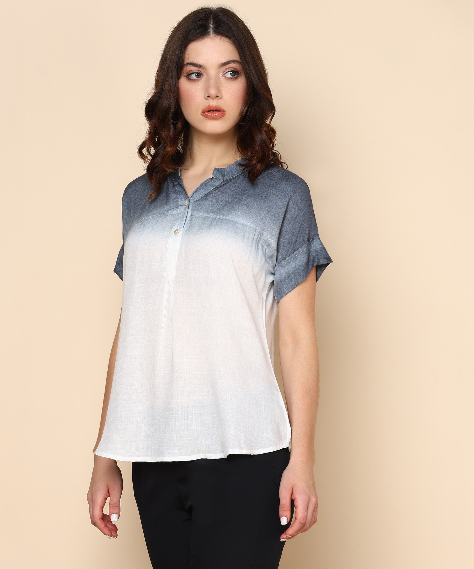 White and Smokey Grey Ombre Dyed Rayon Slub Top (W1422)