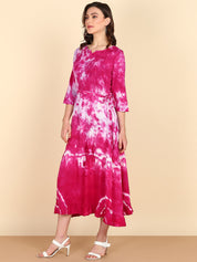 Rayon Tie dye Rose Pink Fit & Flare Belted Dress (W1268)