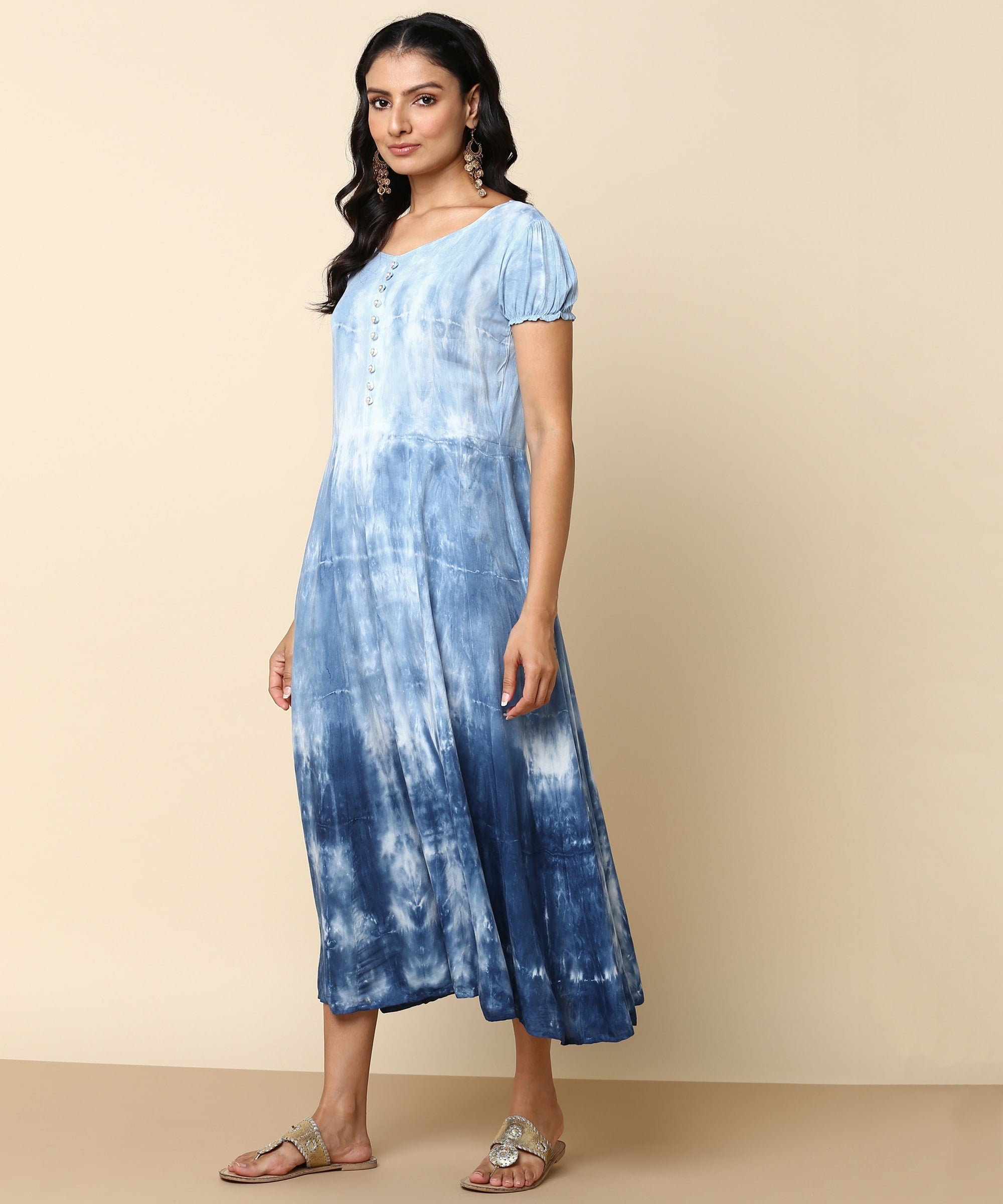 Rayon Tie Dye White Fit & Flared Dress (W1277)