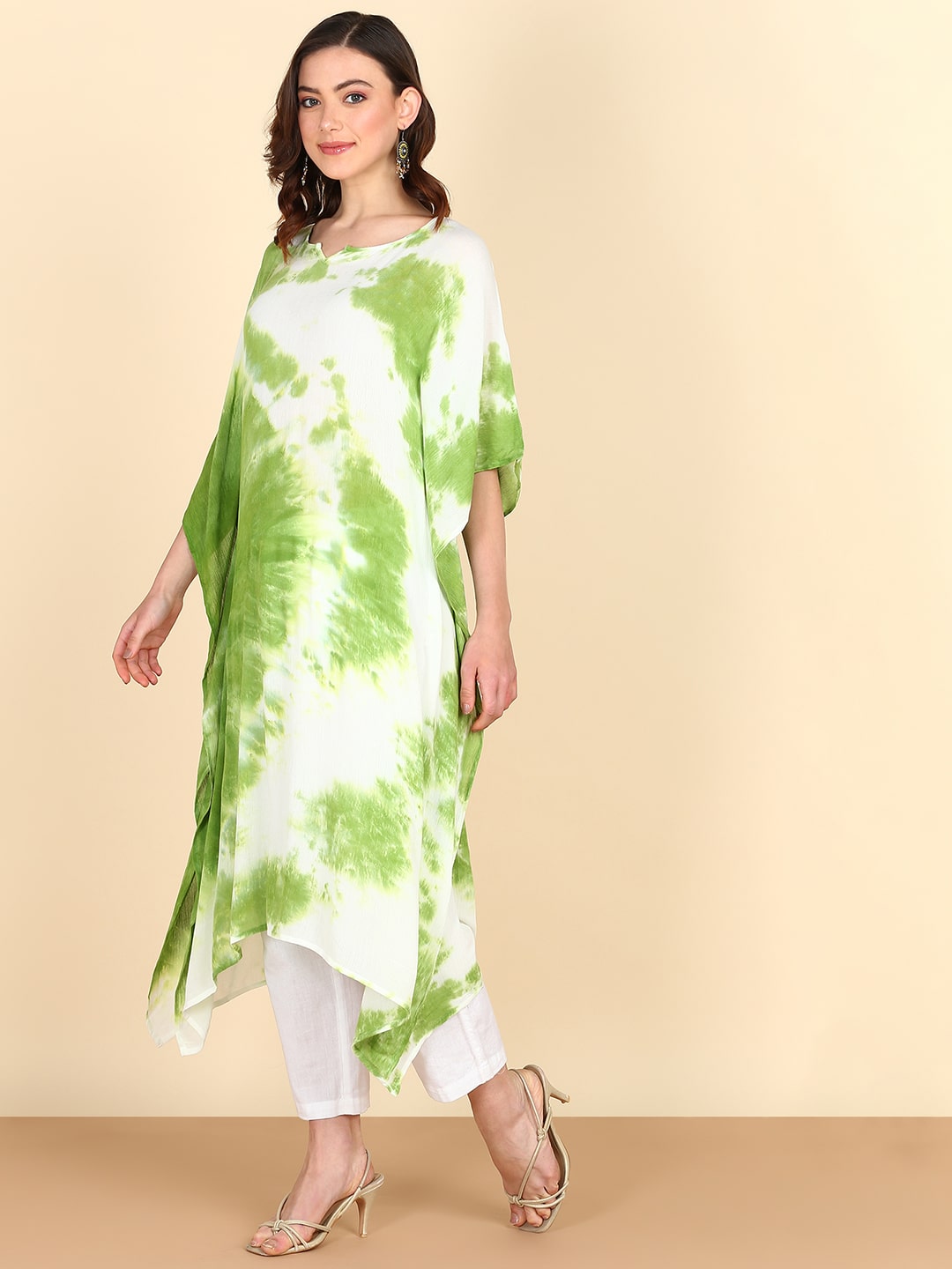 Rayon Tie Dye Light Green White Kaftan kurta (W1352)