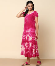 Rayon Fuchsia Tie Dye Flared Dress (W1281)