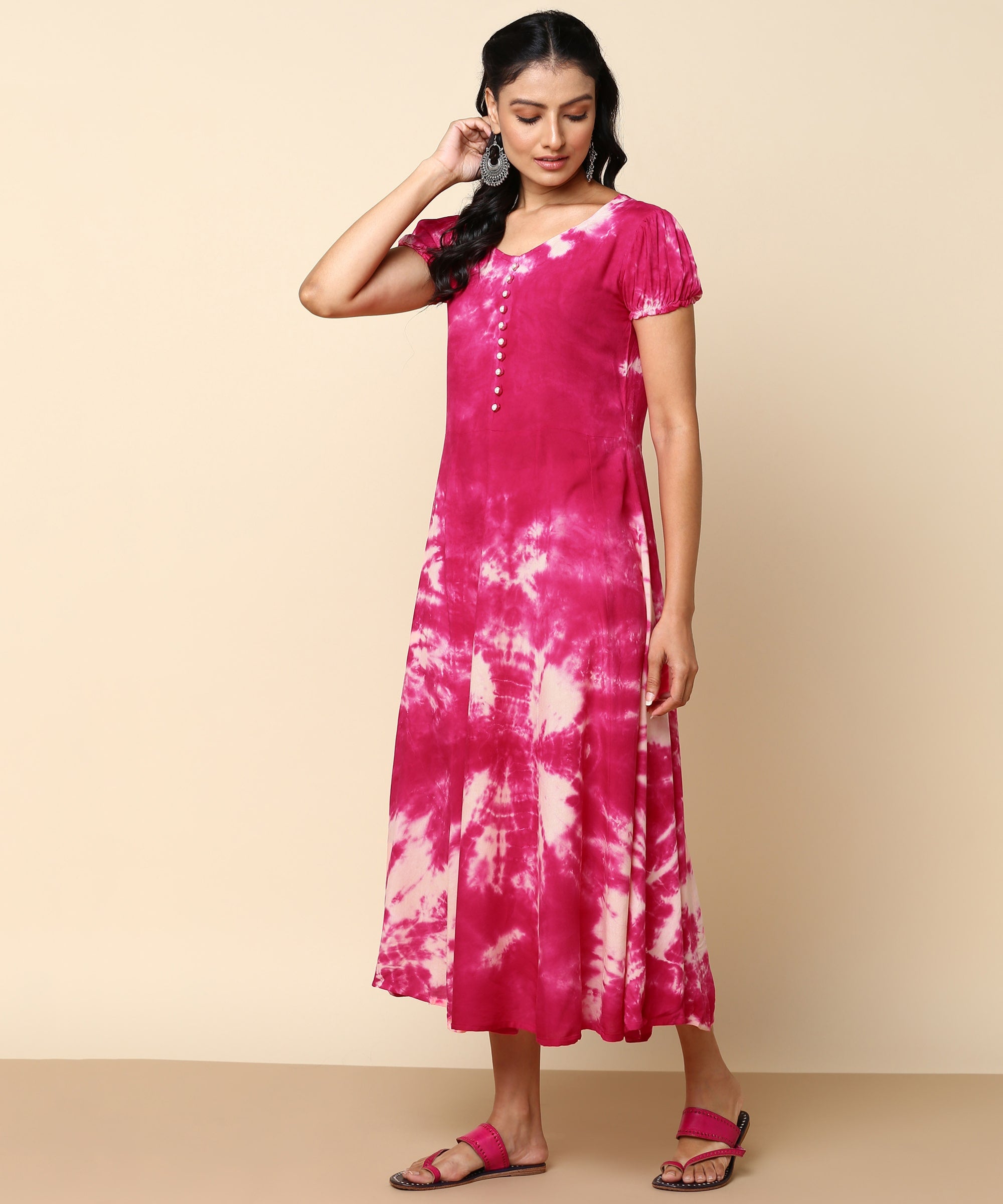 Rayon Fuchsia Tie Dye Flared Dress (W1281)