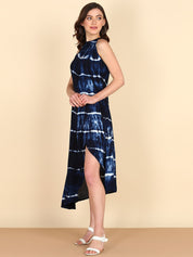 Rayon Tie Dye Blue  Halter Front Slit High Low  Dress (W1243)