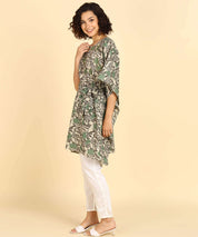 Pure Cotton Grey Printed Kaftan Tunic With Hand Kantha Work (W1396)