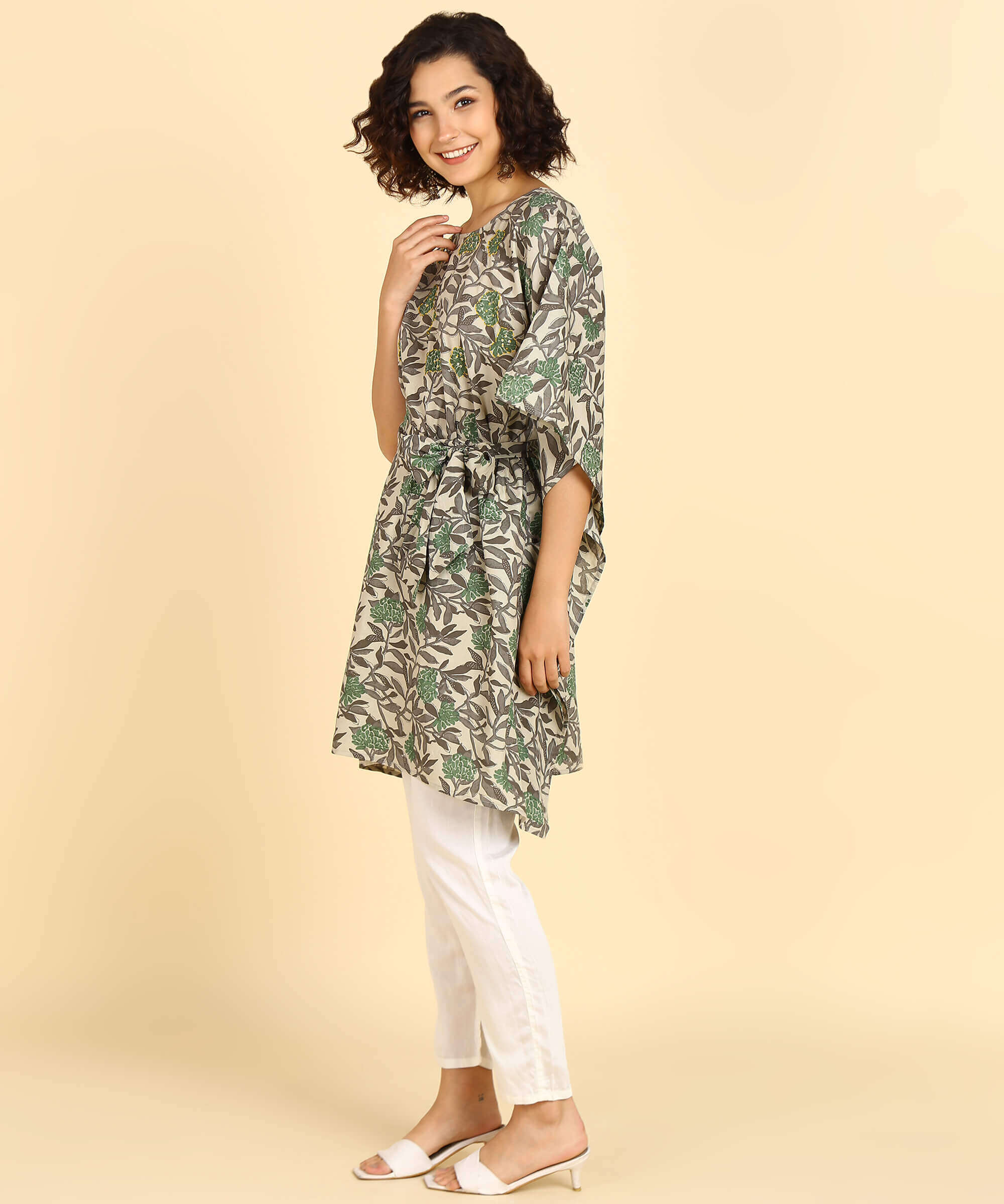 Pure Cotton Grey Printed Kaftan Tunic With Hand Kantha Work (W1396)