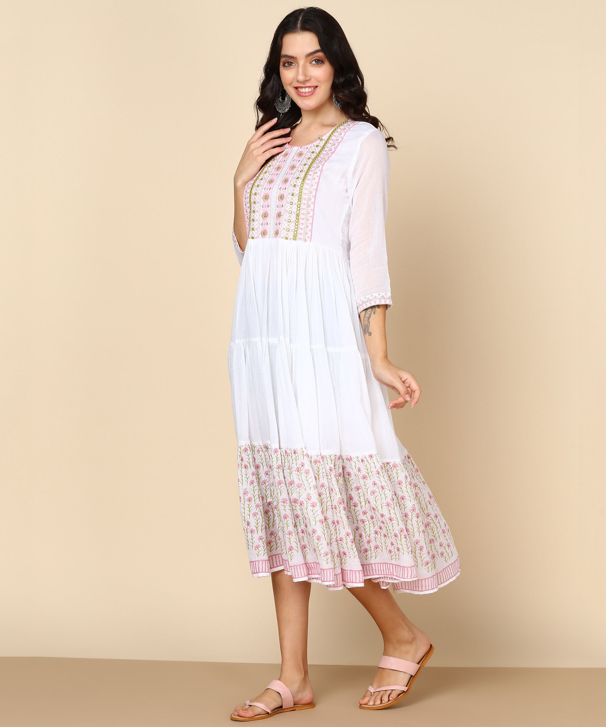 White Malmal Hand Block Print Anarkali Dress with Dupatta (W1401)