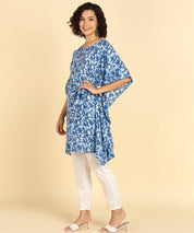 Pure Cotton Blue Printed Kaftan Tunic With Hand Kantha Work (W1397)