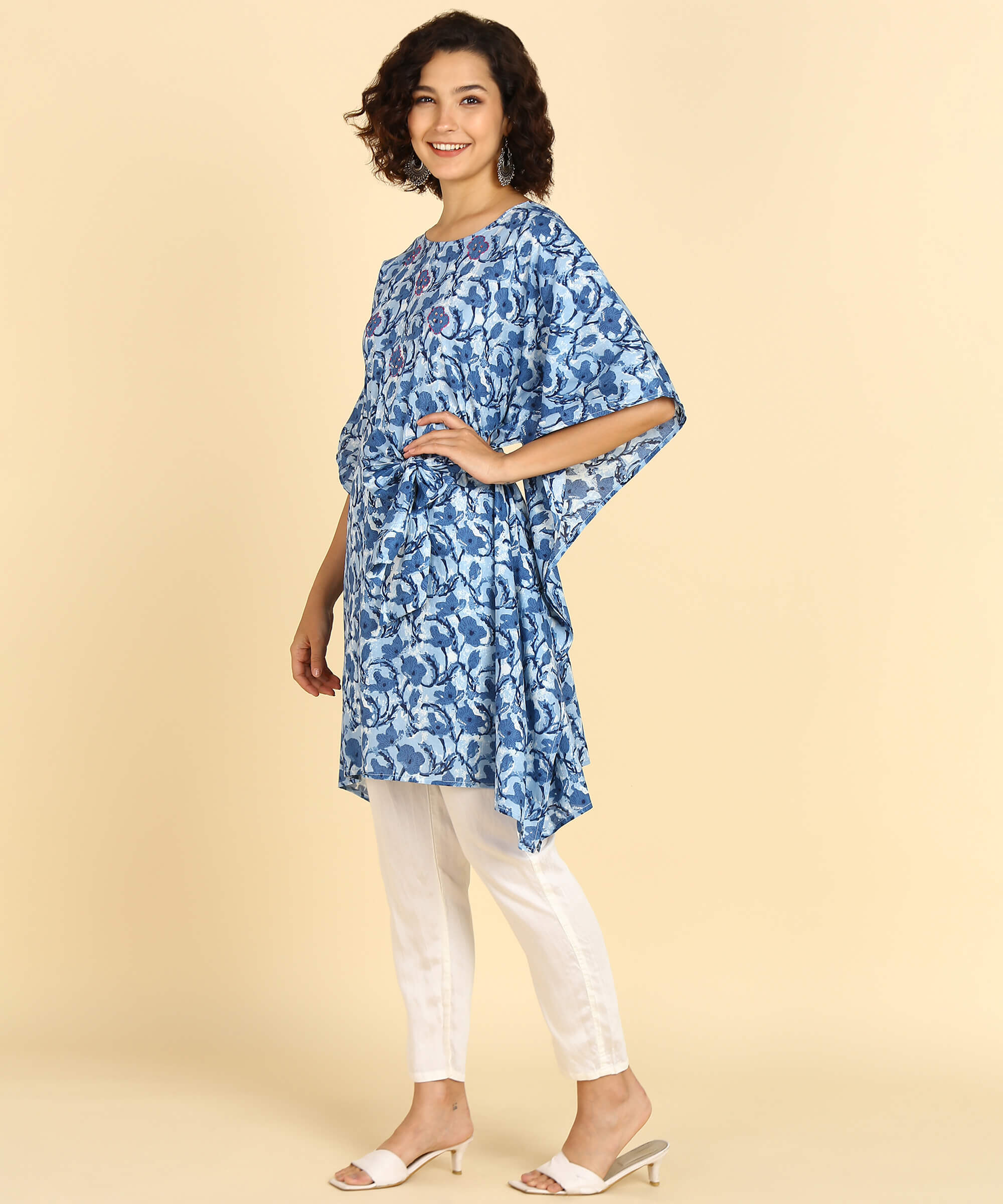 Pure Cotton Blue Printed Kaftan Tunic With Hand Kantha Work (W1397)