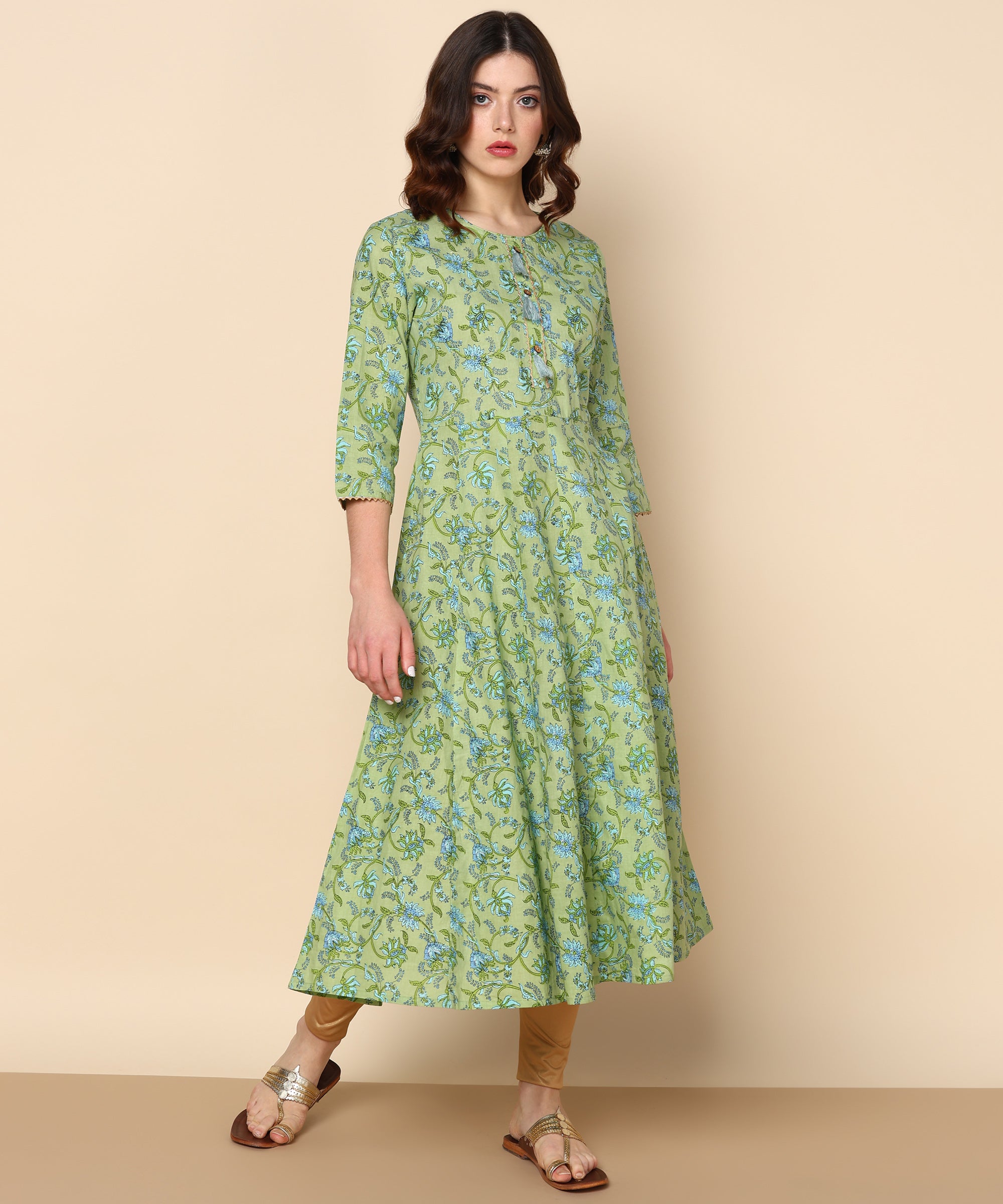 Pure Cotton Ethnic Printed Green Gotta Patti Anarkali Kurta (W1263)