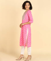 Pure Cotton Pink Bandhej Print Kurta with Zari Embroidery (W1392)