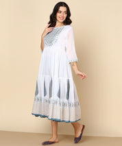 White Malmal Block Print Anarkali Dress with Dupatta (W1400)