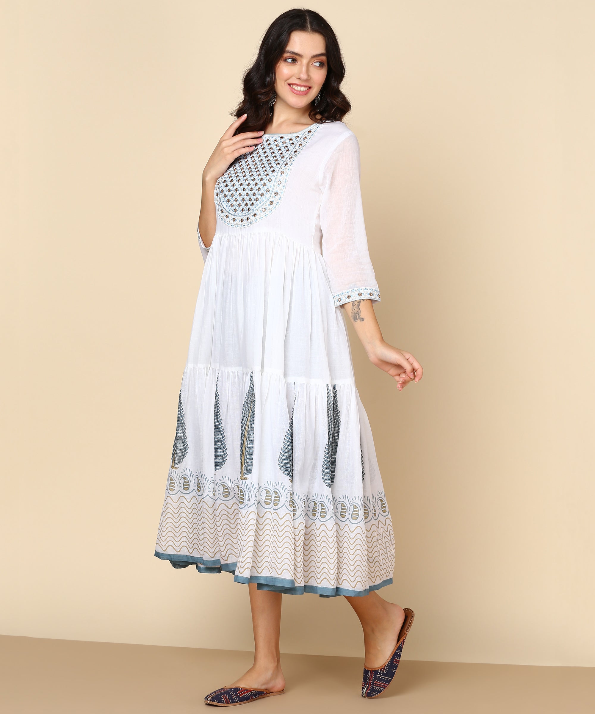 White Malmal Block Print Anarkali Dress with Dupatta (W1400)